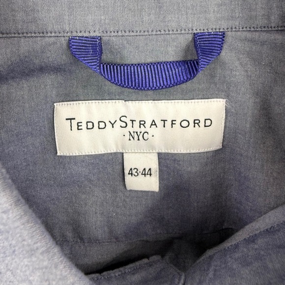 Teddy Stratford Shirt Mens 43 44 Blue Zip Front Button Down Long Sleeve Cotton - Picture 6 of 12